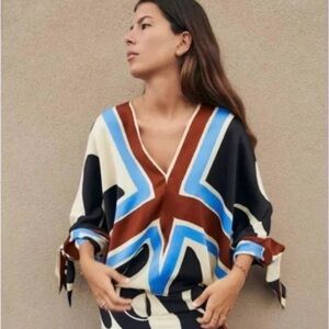 ZARA PRINTED BLOUSE WITH TIES ECRU